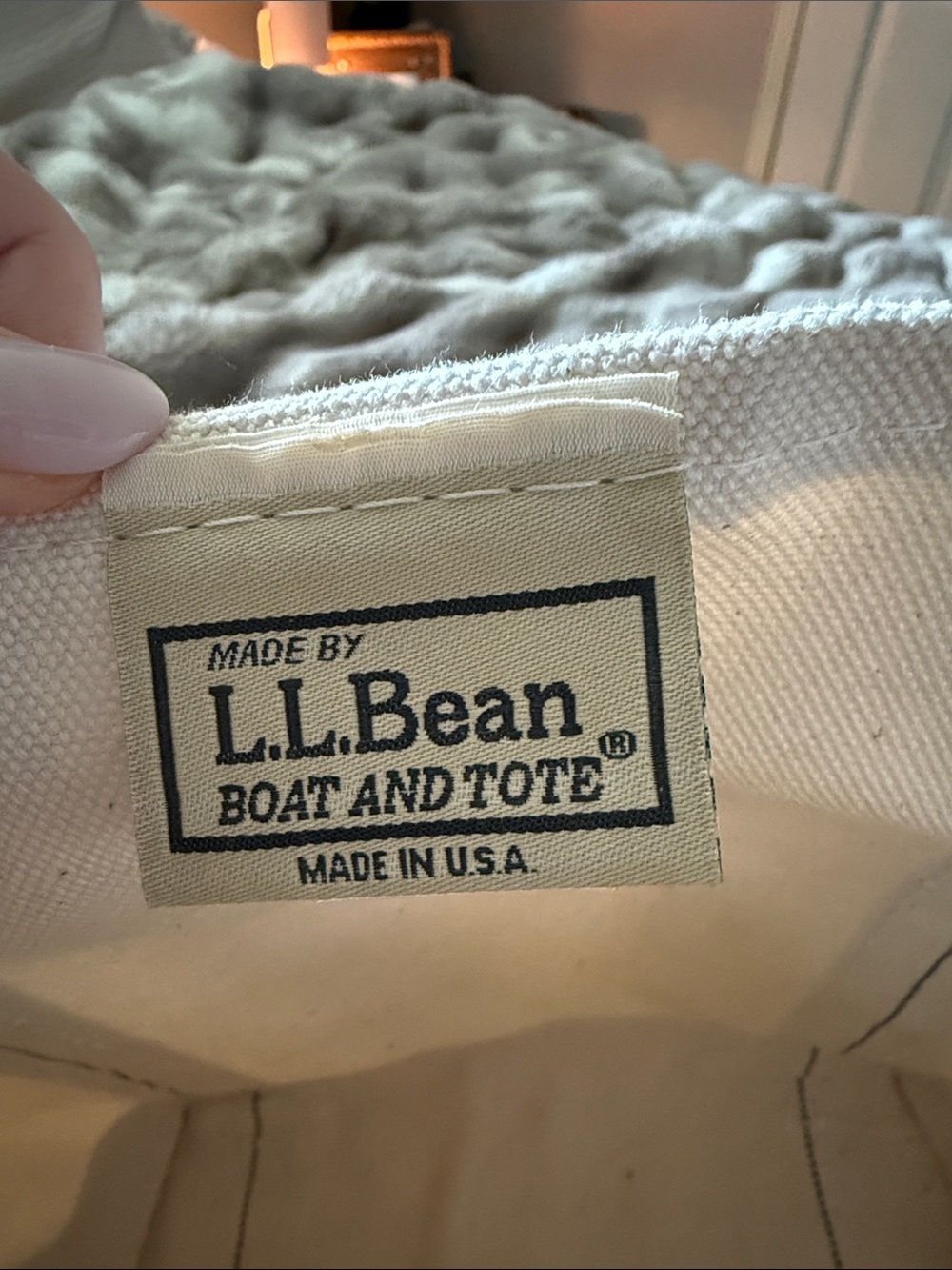 L.L. Bean Tall Small Cream Canvas Tote with Blue Trim (Long handles) - Picture 2 of 5